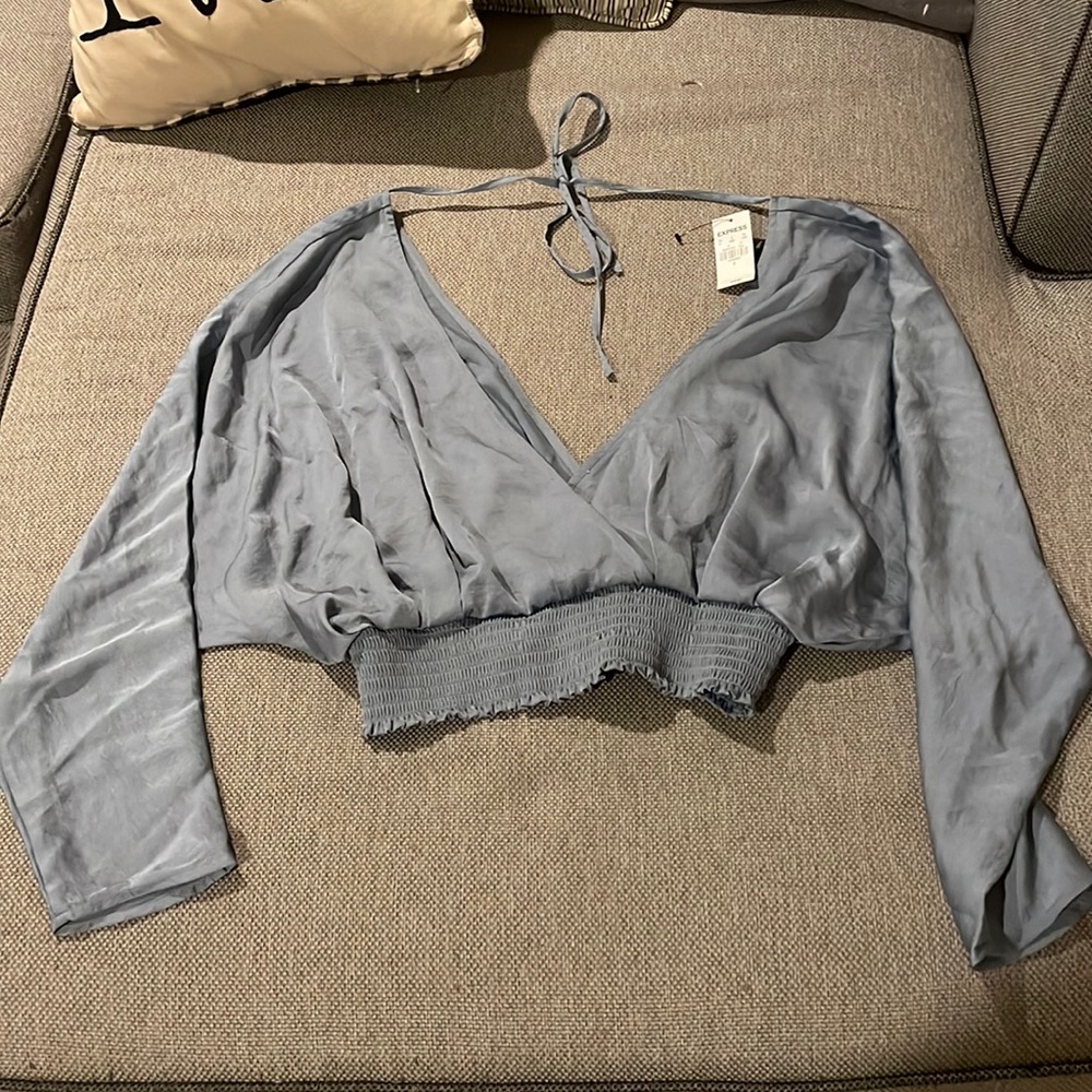 silky blue blouse with tie back